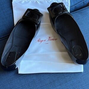 Roger Vivier Black Patent Leather Square Buckle Flats, size 7.5